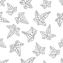 Seamless pattern of contour ivy leaves on a white background. Ivy leaves of various shapes and lines in a chaotic manner. Nature or plant background