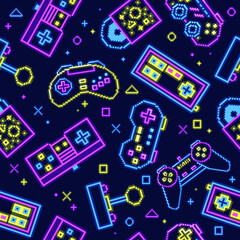 Vector pixelated seamless pattern of gamepads. Neon. © VarfDi