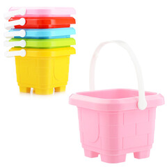 A set of children's plastic buckets isolated on a white background. Toys for playing in the sandbox or on the beach. A place for your label. Layout for the designer or website