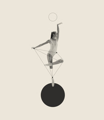 Contemporary art collage with artistic young ballerina dancing on drawn ball isolated over grey...
