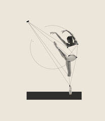 Contemporary art collage with artistic ballerina dancing, performing isolated over grey background. Puppet. Line art design