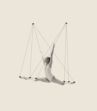 Contemporary art collage with beautiful ballerina performing, sitting on twine isolated over grey background. Line art design
