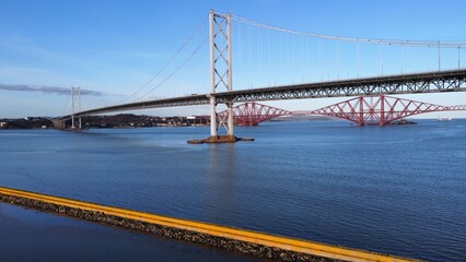 Aerial view of bridges crossing the Firth of Forth in Scotland. 