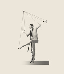Contemporary art collage with beautiful woman, ballerina dancing on strings like puppet isolated over grey background. Line art