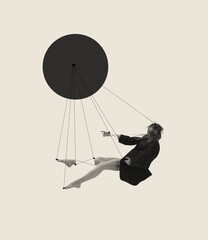 Contemporary art collage with young woman attached to strings and falling down isolated on grey background. Line art design