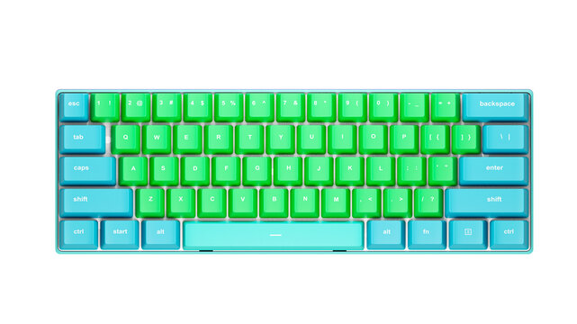 Keyboard, top view. Gaming keyboard with multicolored keys isolated on a white background. 3d render