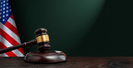 Judge's gavel on the table in focus. Cropped view of Judge's hammer for attention and verdict,...