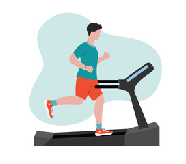 Man running on treadmill. Sportsman jogging on fitness equipment. Endurance cardio run training. Flat vector illustration