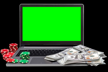 Gambling online casino Internet betting concept. Jackpot, casino chips. computer keyboard, laptop with poker chips, dice. Casino tokens, gaming chips, checks, or cheques