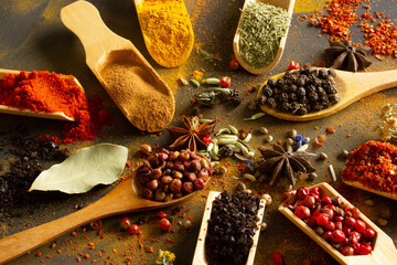 Colorful background from various spices in spoon © Kybele