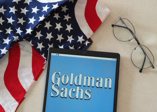 In this photo illustration Goldman Sachs Group logo seen displayed on a tablet