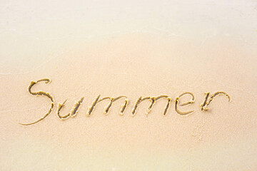 Summer word on sand . Warm and hot weather concept. Holidays on the sandy beach.