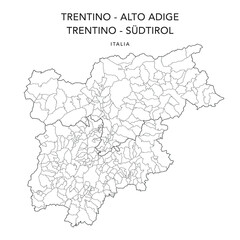 Vector Map of the Geopolitical Subdivisions of the Region of Trentino-Alto Adige or Trentino Südtirol with Provinces and Municipalities (Comuni) as of 2022 - Italy