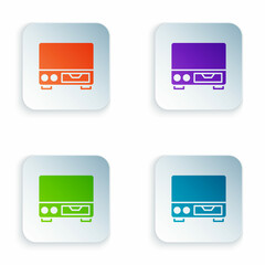 Color Old video cassette player icon isolated on white background. Old beautiful retro hipster video cassette recorder. Set colorful icons in square buttons. Vector