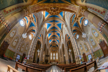 Obraz premium Monforte d'Alba, langhe, Italy - May 02, 2022: interior view of the parish church Madonna della Neve (Madonna of the snow). Neo-Gothic style, Fish eye view
