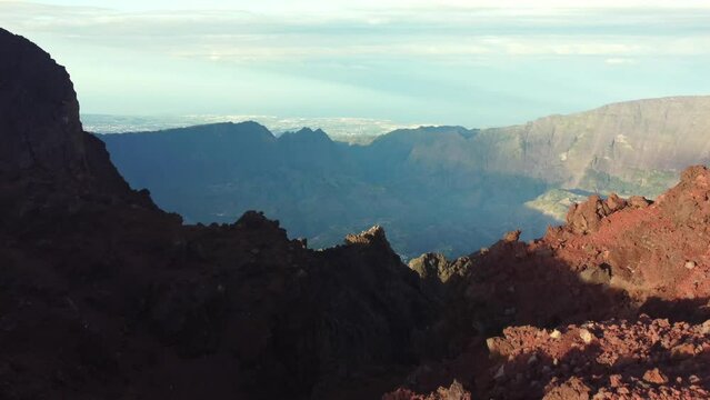 Panorama of Reunion Island moutains during sunrise seen from the Piton Maido. High quality 4k footage