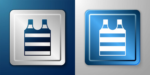 White Striped sailor t-shirt icon isolated on blue and grey background. Marine object. Silver and blue square button. Vector