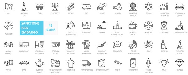Simple set vector line icons related  to sanctions, ban, embargo, boycott  and another restrictions. Vector illustration  - obrazy, fototapety, plakaty