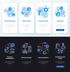 Brand consolidation night and day mode onboarding mobile app screen. Walkthrough 4 steps editable graphic instructions with linear concepts. UI, UX, GUI template. Myriad Pro-Bold, Regular fonts used