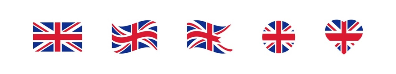 Britain flag icon set. Vector illustration. UK flag badge collection. Great Britain flag in different shapes.