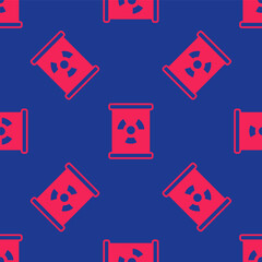 Red Radioactive waste in barrel icon isolated seamless pattern on blue background. Toxic refuse keg. Radioactive garbage emissions, environmental pollution. Vector