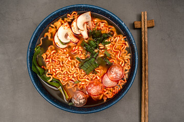 Ramen soup with egg, chives and sprout