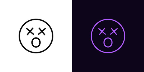 Outline dizzy emoji icon, with editable stroke. Shocked emoticon with open mouth and X eyes, stunned face pictogram. Killed emoji silhouette