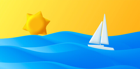 Fototapeta na wymiar 3d bright illustration, blue ocean with yacht and sun. Vector illustration