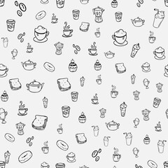 Cafe seamless pattern. Hand drawn tea and coffee pots, desserts and inspirational captions. Menu cover design, wallpaper stencil. Black and white typography background