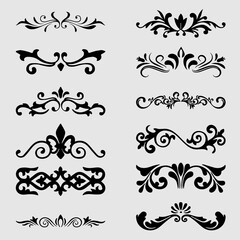 Decorative dividers, vintage traceries vector illustrations set. Curles and lines compositions, monochrome calligraphic shapes pack. Elegant borders collection isolated on white background
