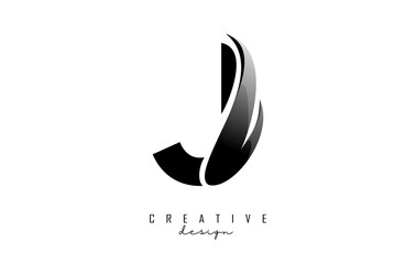 Vector illustration of abstract letter J with black leaf, eco, natural design. Letter J logo with creative cut and shape.