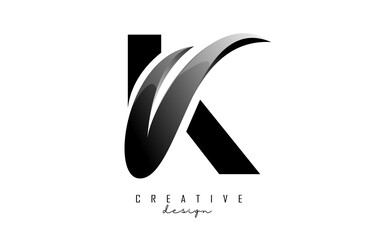 Vector illustration of abstract letter K with black leaf, eco, natural design. Letter K logo with creative cut and shape.