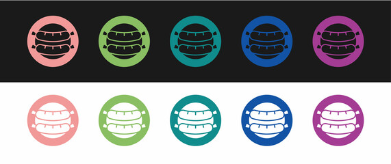 Naklejka premium Set Sausage icon isolated on black and white background. Grilled sausage and aroma sign. Vector