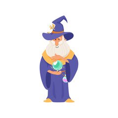 Wizard with a crystal ball. Cartoon illustration of an elderly bearded sorcerer in action with a magic ball isolated on a white background. Vector 10 EPS.