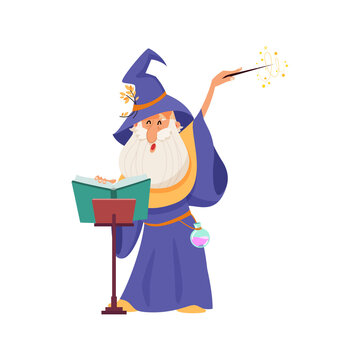 Wizard with a magic wand and book. Cartoon illustration of an elderly bearded magician casting a spell isolated on a white background. Vector 10 EPS.