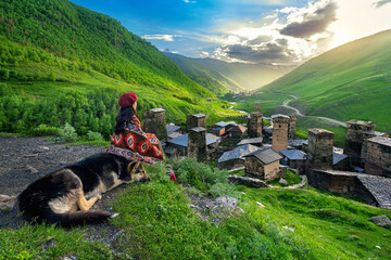 Tourist enjoy view of Ushguli village in Georgia.