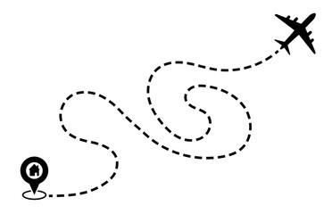 Airplane with complicated line route, pinpoint, house vector illustration. Travel, transport concept illustration to use in tourism, summer holiday, chaotic journey, holiday planning design projects.