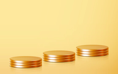 Realistic three golden blank product stack three podium scene isolated on gold background. Geometric metallic round shape for product branding. Gold cylinder mock up scene. 3d vector illustration back
