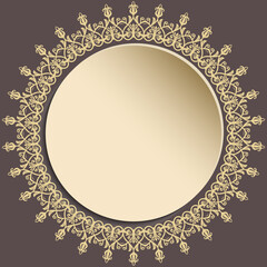 Round vector frame with floral elements and arabesques. Brown and golden pattern with arabesques. Fine greeting card