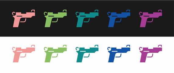 Set Pistol or gun icon isolated on black and white background. Police or military handgun. Small firearm. Vector