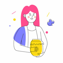 Female character with a jar of honey. Outline illustration with colorful accents.