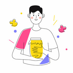 Male character with a jar of honey. Outline illustration with colorful accents.