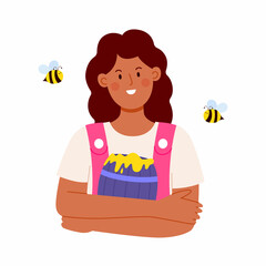 Female character with a barrel of honey. Flat vector illustration.