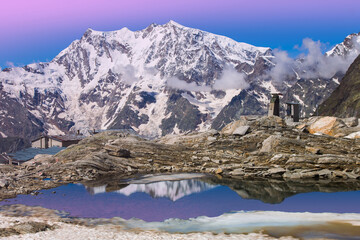 Amazing and romantic view of alpine lake with Monte Rosa in the background at dusk, Piedmont Italy - 512971133