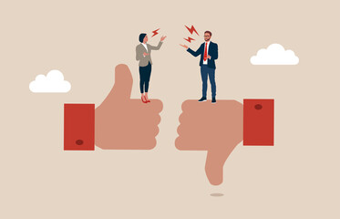 Male and woman furious arguing on difference thumb up and down. Conflict and argument between colleagues, controversy or difference opinion, disagree, confrontation or rivalry fighting. - obrazy, fototapety, plakaty