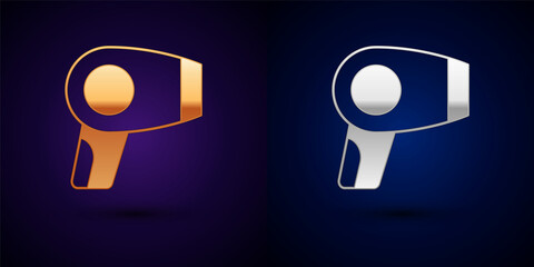 Gold and silver Hair dryer icon isolated on black background. Hairdryer sign. Hair drying symbol. Blowing hot air. Vector