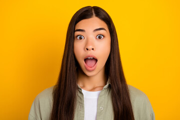 Photo of young pretty girl have conversation with best friend gossiping isolated on yellow color background