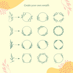 Wreath creation kit. Set of the hand-drawn botanical wreaths. Wedding flourish laurel wreaths for invitation card.	