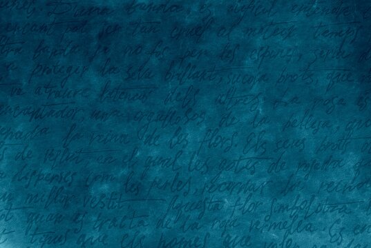 Blue antique abstract retro unreadable ink written text.Dark wall old manuscript love letter.Vintage handwriting calligraphy pattern texture.Textured paper background.Write.Inscription.