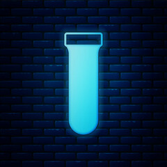 Glowing neon Test tube and flask chemical laboratory test icon isolated on brick wall background. Laboratory glassware sign. Vector